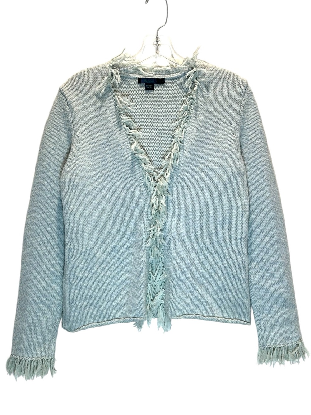 Boden Pale Blue Lambswool V-Neck Cardigan Sweater w/ Fringe Edging - Large